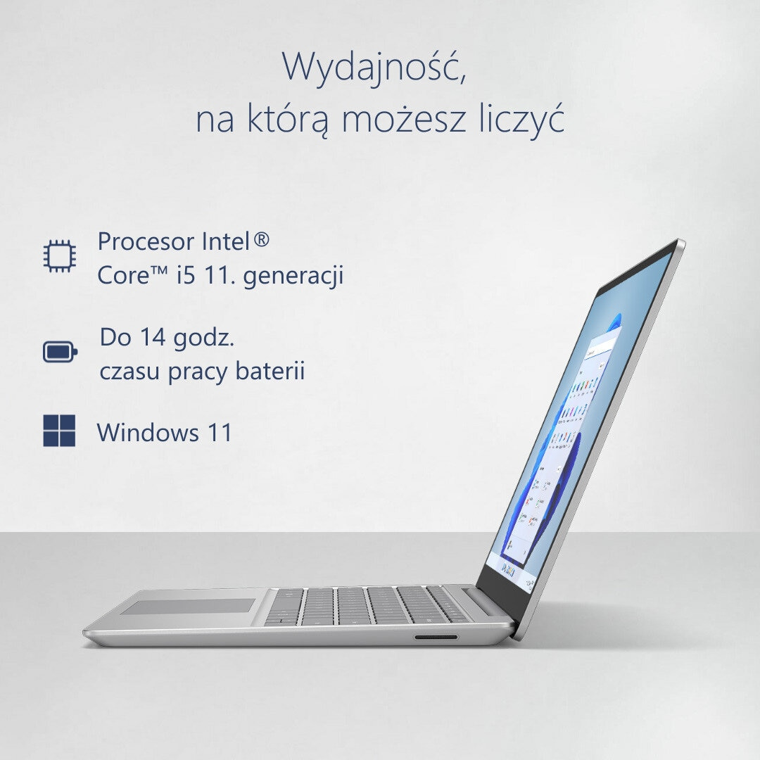 Otwarty laptop na białym tle. Tekst: Intel Core i5, 14 godzin baterii, Windows 11.