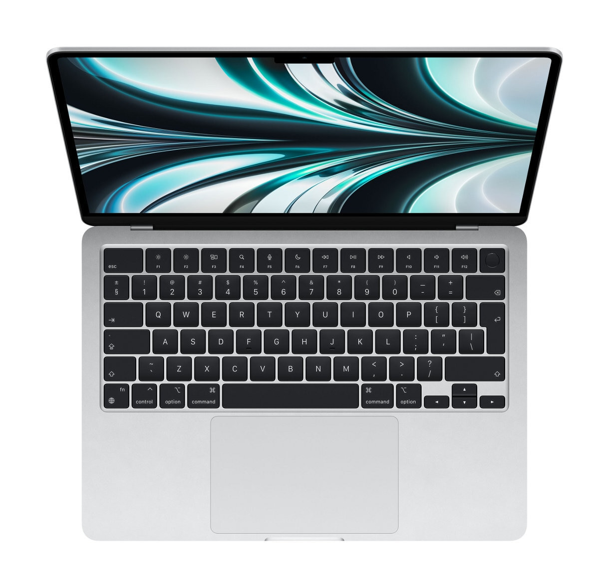 Laptop z góry z klawiaturą i ekranem wyświetlającym turkusowy wzór.