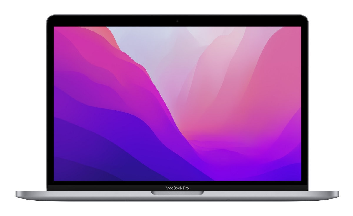 Srebrny laptop MacBook Pro. Ekran wyświetla abstrakcyjny fioletowo-różowy wzór.