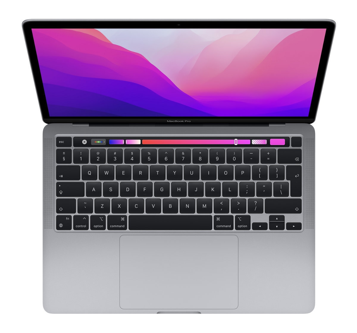 Szary laptop, otwarty, widok z góry. Klawiatura i ekran widoczne.