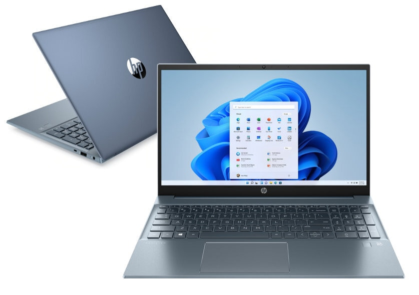 Laptop z niebieską obudową, otwarty, wyświetlający interfejs Windows i inny laptop w tle.