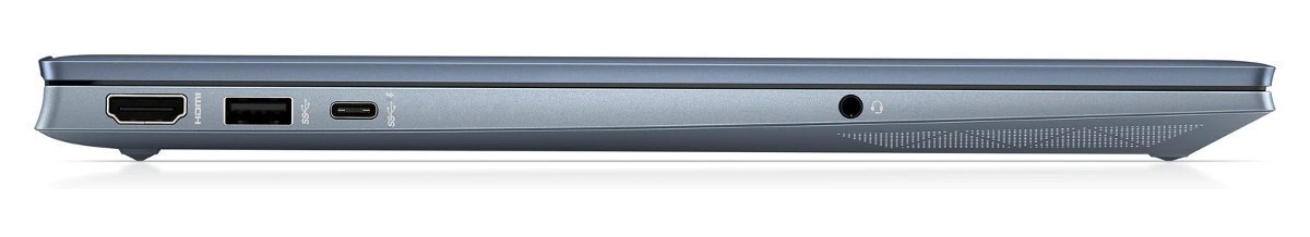 Widok z boku srebrnego laptopa z portami: HDMI, USB-C, USB-C i gniazdo słuchawkowe.