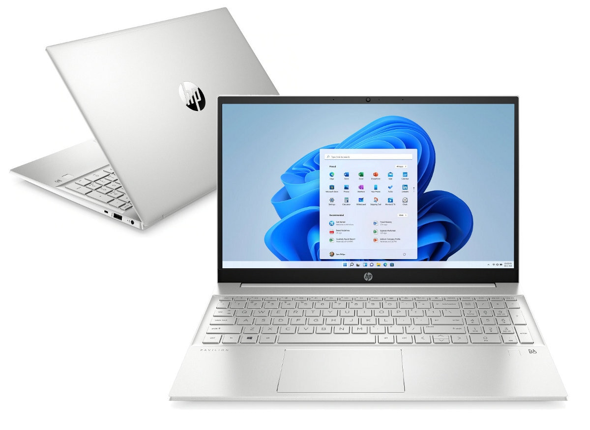 Dwa srebrne laptopy, jeden otwarty z systemem Windows 11, drugi zamknięty.