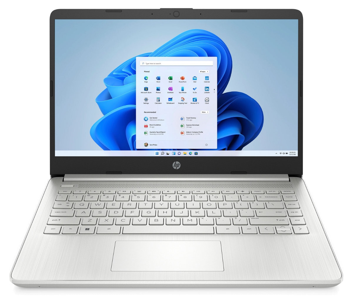 Srebrny laptop otwarty, z interfejsem Windows 11. Widoczna klawiatura.