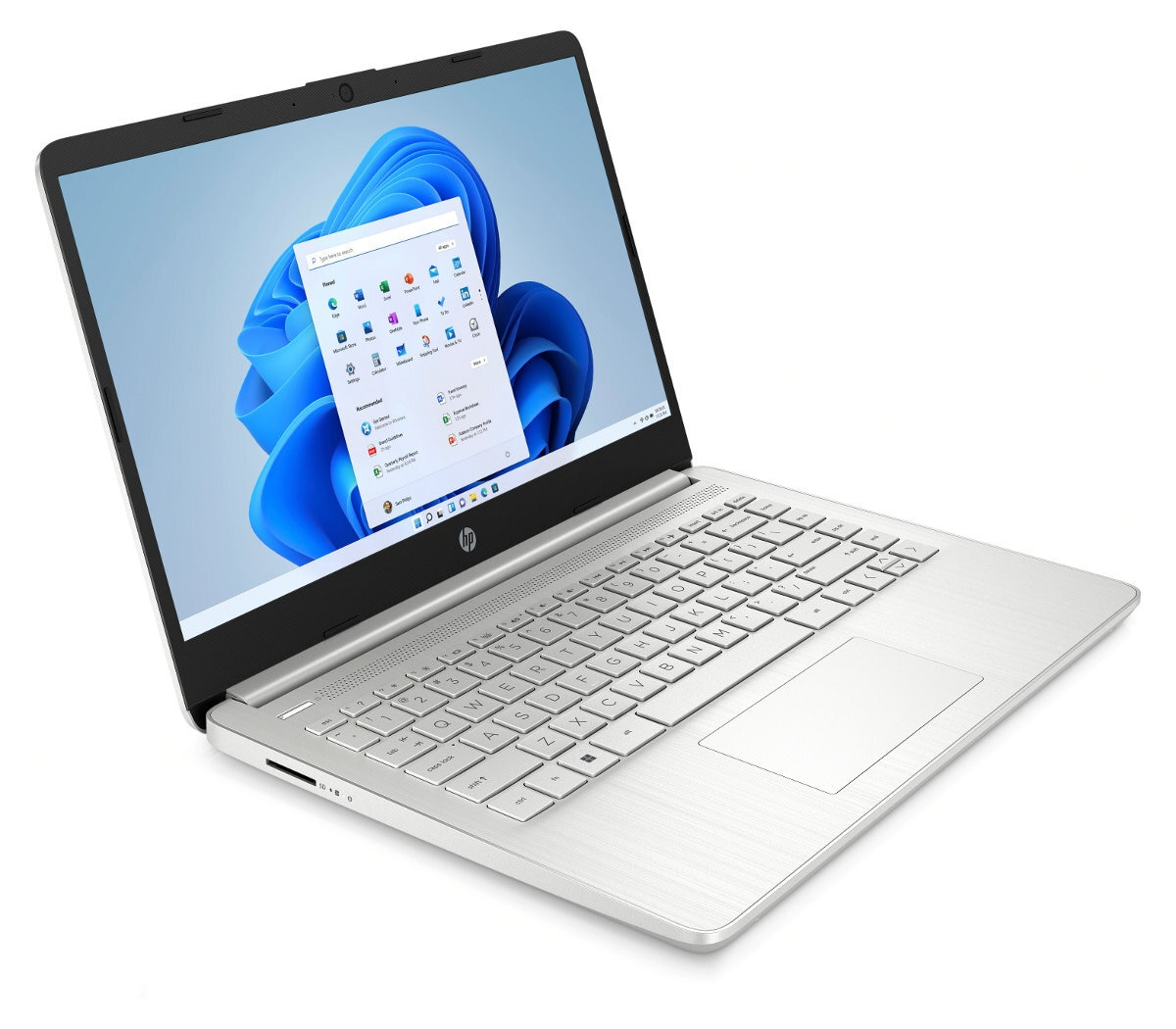 Srebrny laptop HP otwarty, klawiatura i ekran z interfejsem Windows na białym tle.