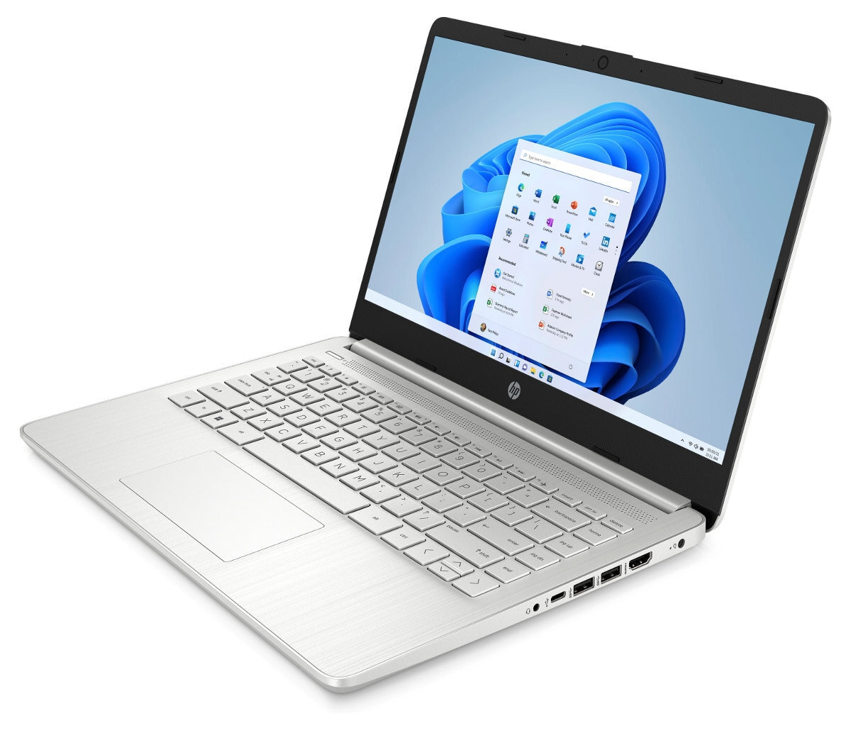 Laptop z białą obudową, klawiaturą i ekranem pokazującym niebieską tapetę.