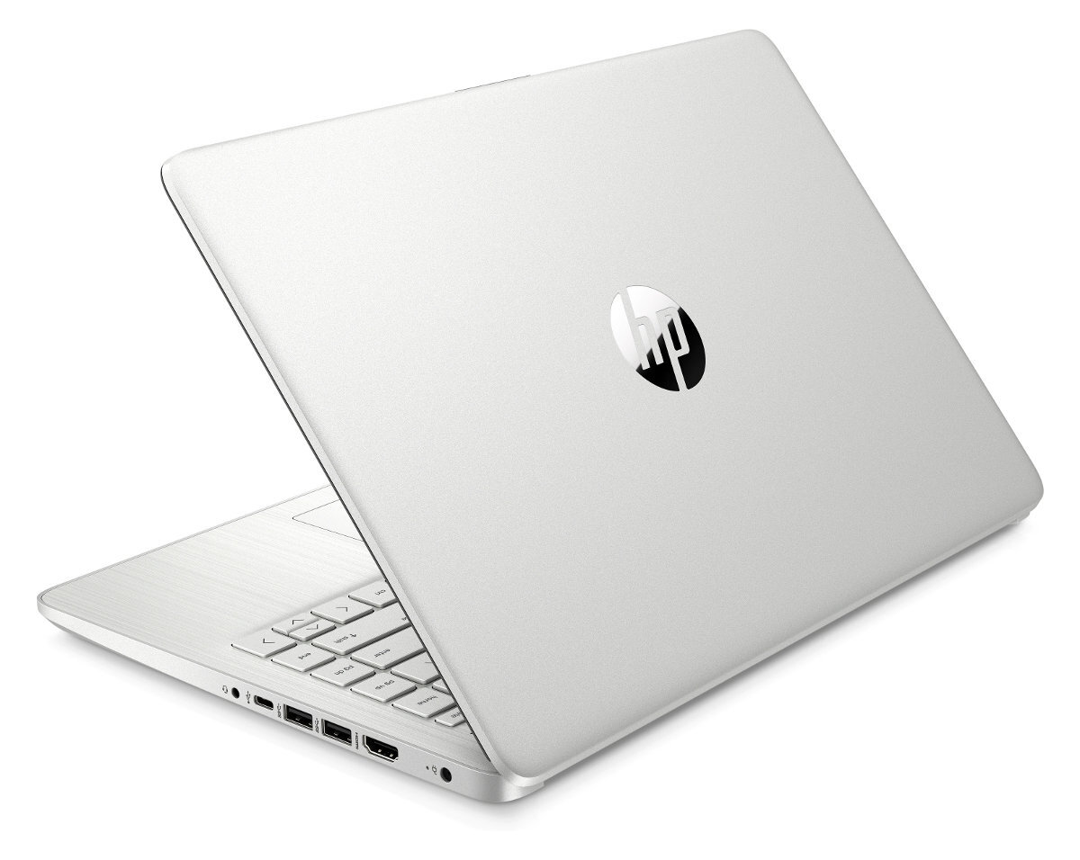 Tył białego laptopa, z logo HP i częściowo otwartą pokrywą.