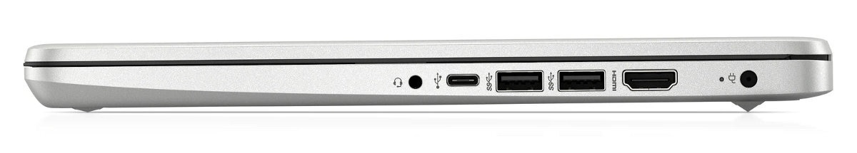 Widok z boku srebrnego laptopa z różnymi portami. Zawiera porty audio, USB, HDMI i ładowania.