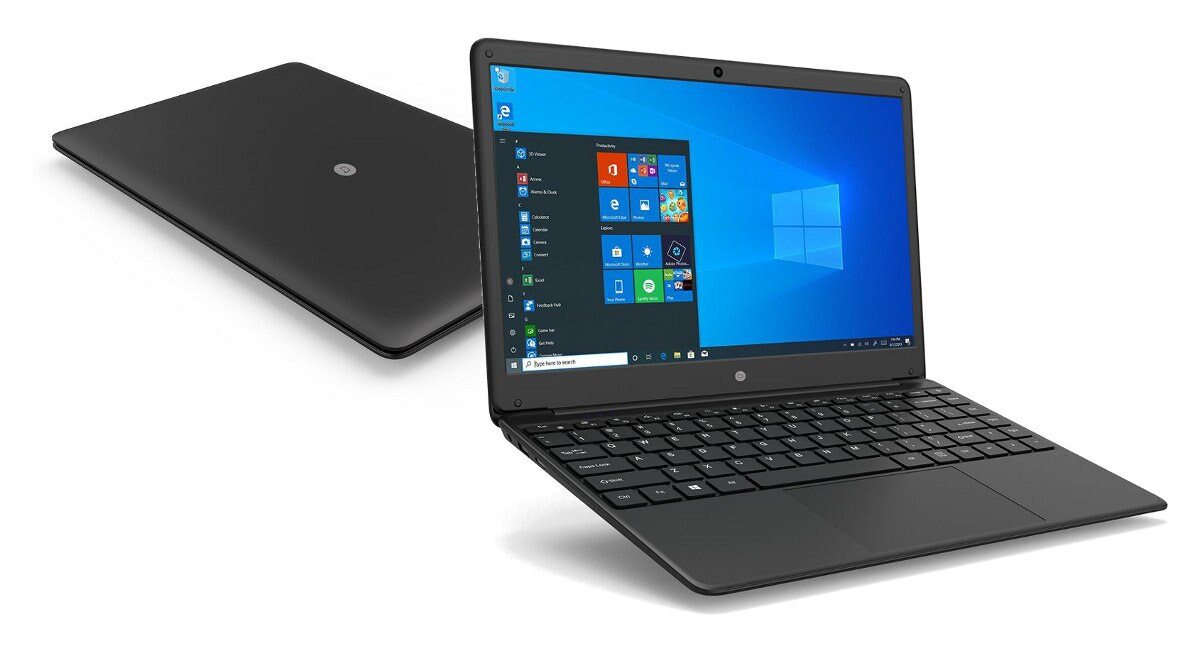 Czarny laptop z interfejsem Windows, otwarty, i zamkniętą pokrywą.