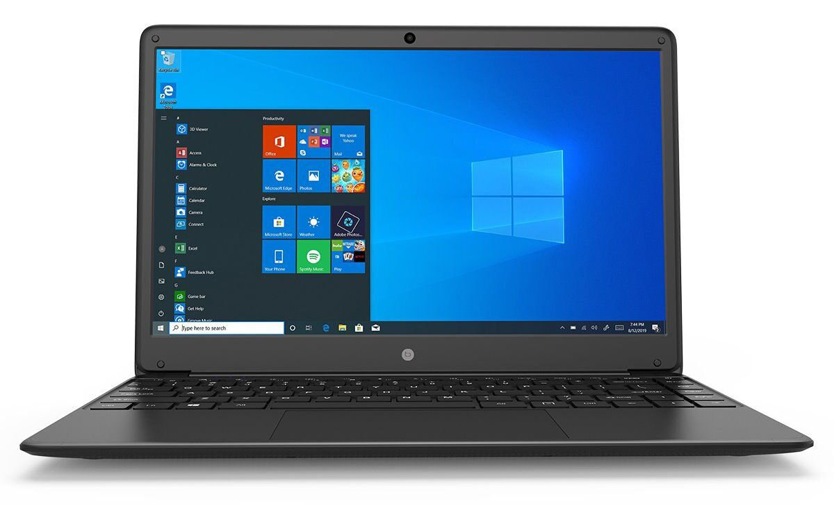 Czarny laptop otwarty, pokazujący interfejs Windows. Klawiatura widoczna. Białe tło.