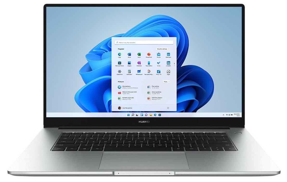 Laptop Huawei otwarty, wyświetlający interfejs Windows z ikonami aplikacji na białym tle.