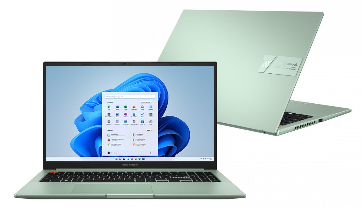 Zielony laptop Asus Vivobook z interfejsem Windows 11 na ekranie.
