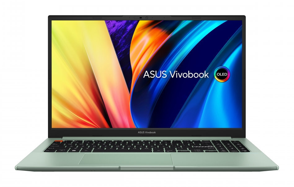 Zielony laptop ASUS z czarną klawiaturą i kolorowym ekranem. Białe tło.