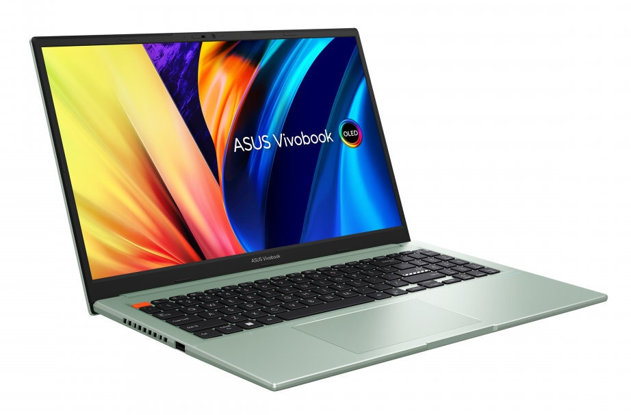 Zielony laptop z otwartym ekranem, wyświetlającym kolorową grafikę. Widoczne jest logo ASUS Vivobook.