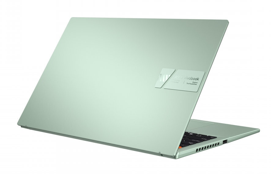 Zielony laptop od tyłu z otwartą pokrywą.