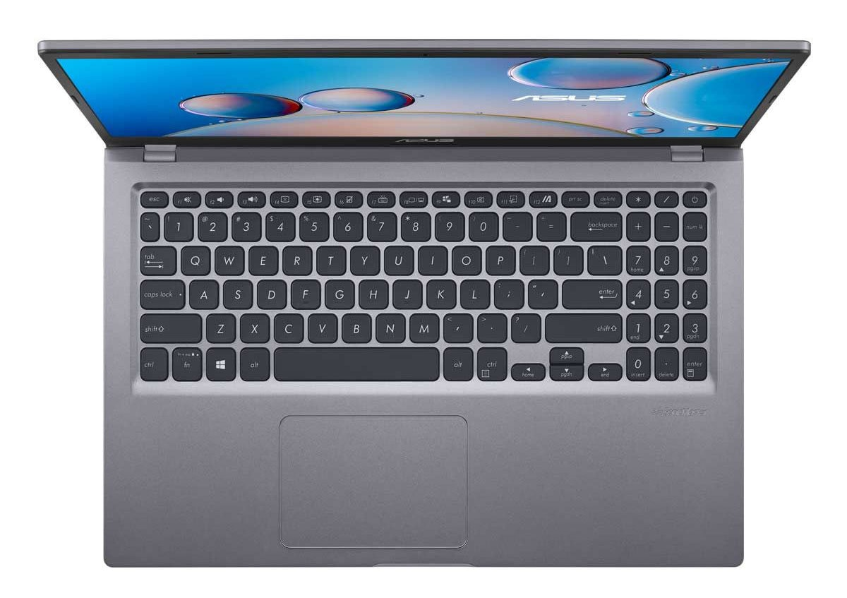 Szary laptop z otwartym ekranem. Pokazuje klawiaturę i gładzik oraz część ekranu.
