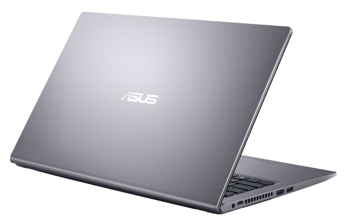 Tył szarego laptopa ASUS, lekko otwarty. Logo ASUS widoczne. Częściowo widoczna czarna klawiatura. Białe tło.