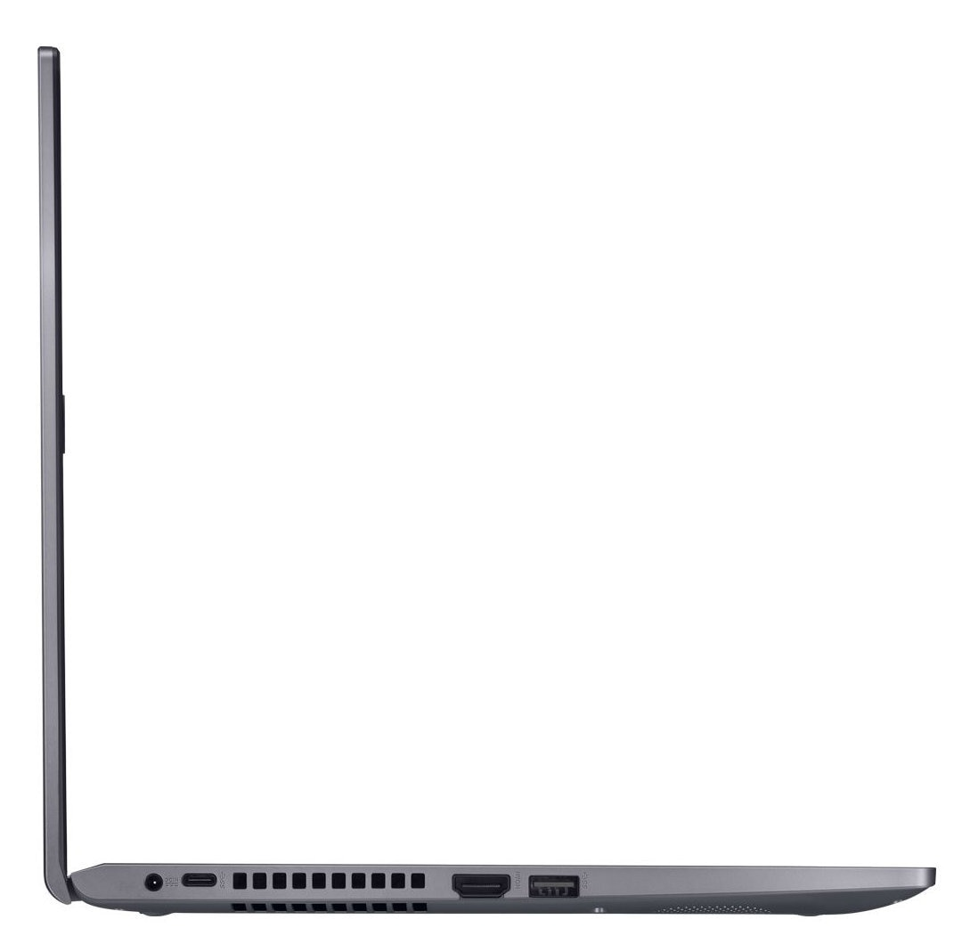 Widok z boku szarego laptopa z portami i ekranem.