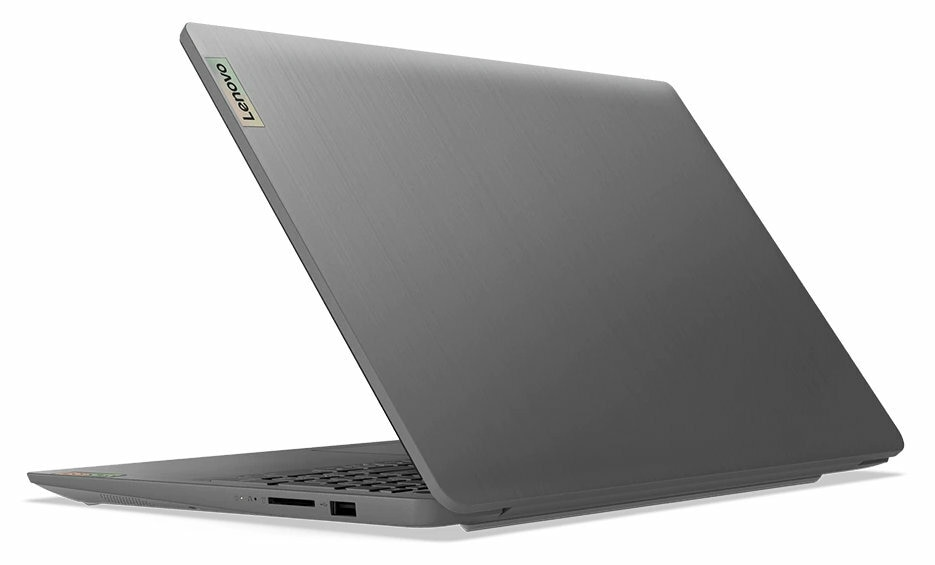 Szary laptop Lenovo z jasną klawiaturą, widok z tyłu, lekko otwarty.