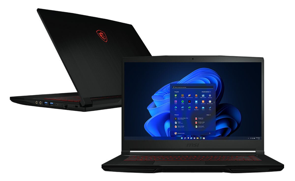 Czarny laptop MSI otwarty, pokazujący pulpit Windows, i widok z góry laptopa.