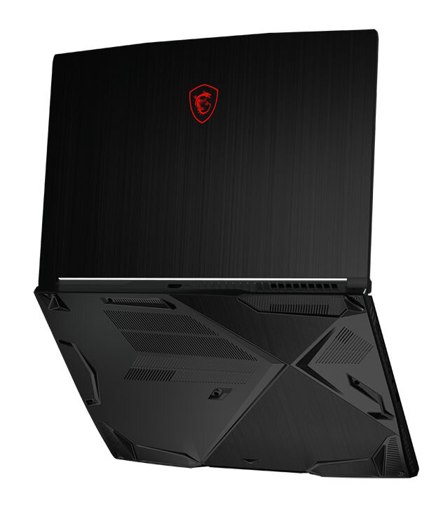 Czarny laptop gamingowy MSI. Laptop zamknięty i pod kątem. Logo MSI czerwone.