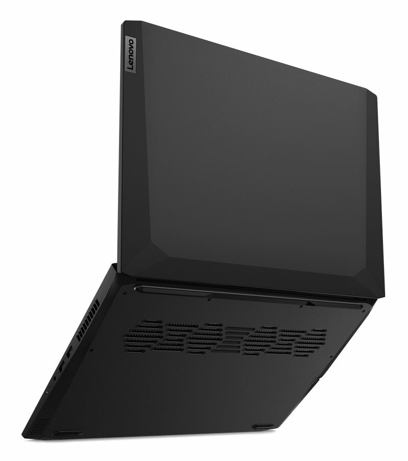 Czarny laptop Lenovo, widok z tyłu pod kątem. Widoczne logo Lenovo.