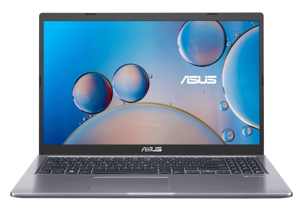 Szary laptop ASUS, pokazujący ekran i klawiaturę, widoczne logo ASUS.