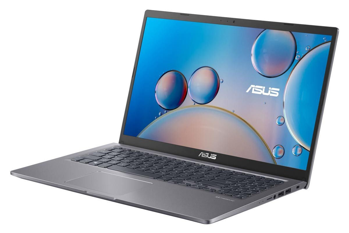 Szary laptop ASUS, otwarty, ekran z abstrakcyjnym niebieskim tłem.