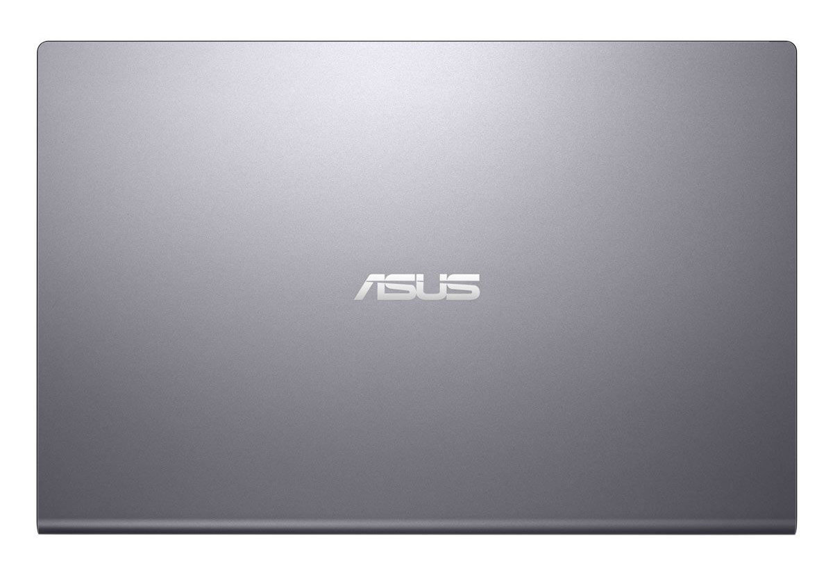 Widok z góry na szary laptop. Widoczne logo ASUS. Białe tło.