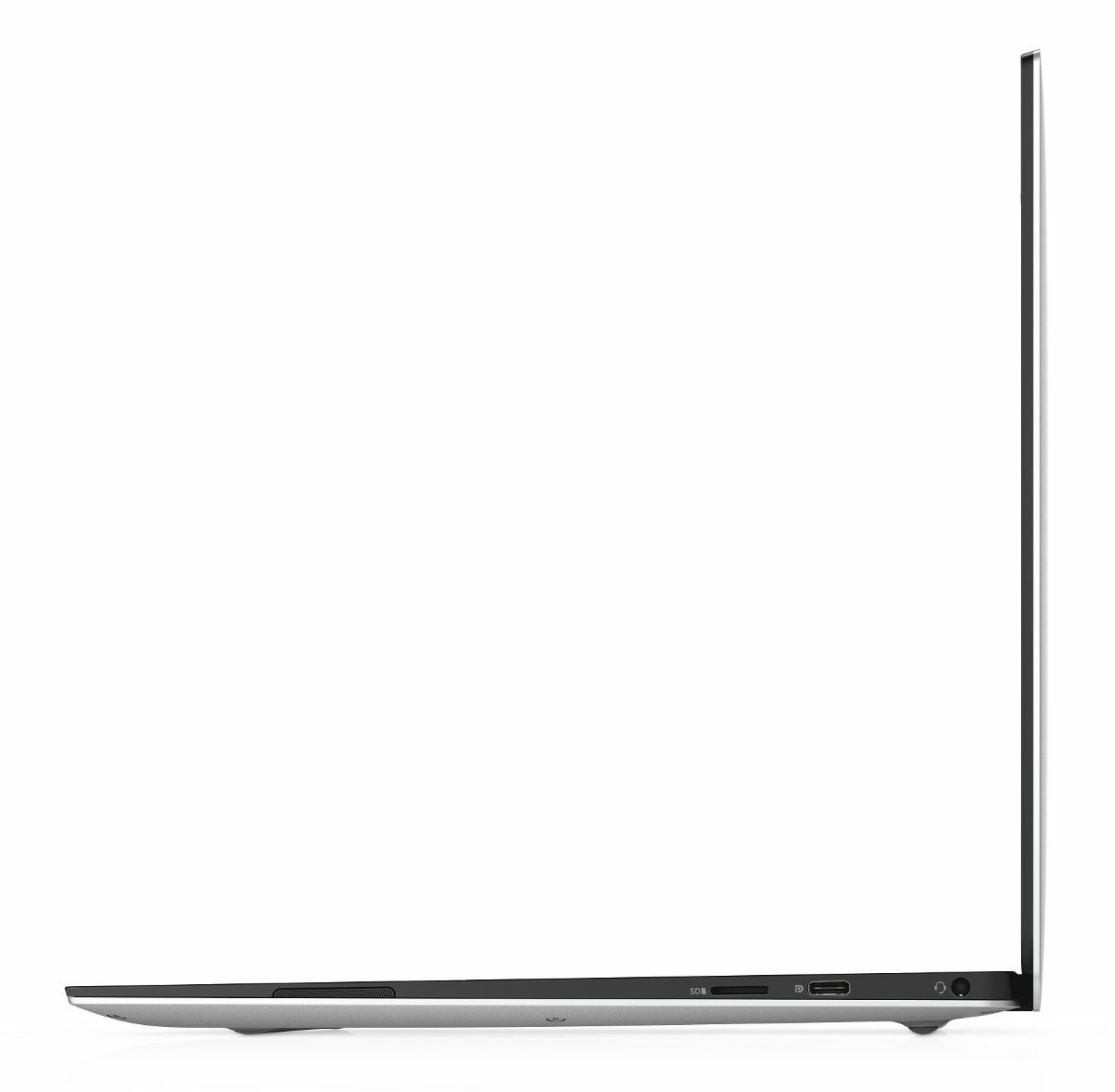 Widok z boku laptopa. Ekran jest czarny. Widoczne porty. Szary kolor.