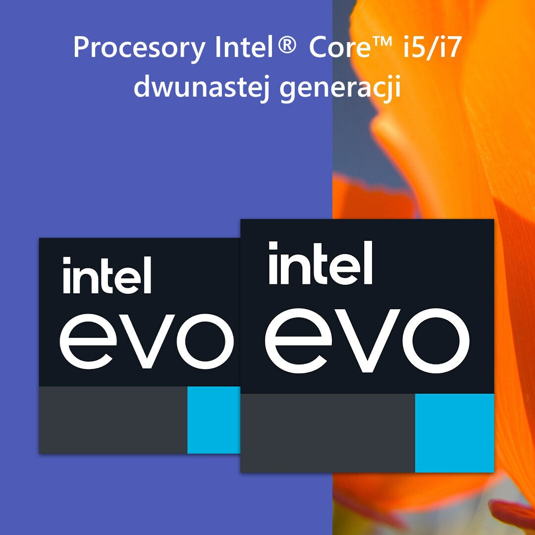 Loga intel evo. Niebieskie i czarne kwadraty. Pomarańczowy kwiat w tle.
