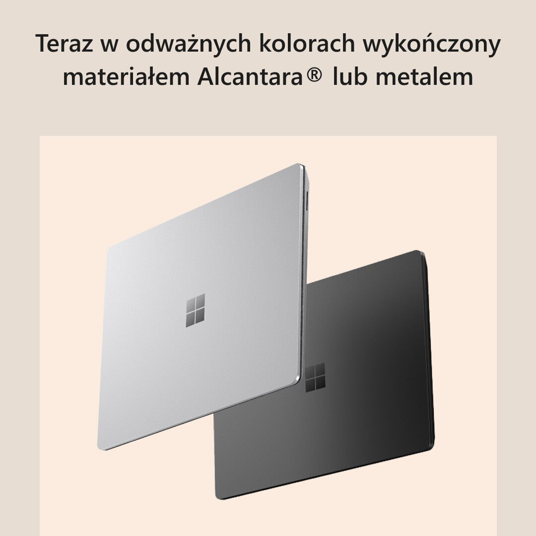 Dwa laptopy, jeden srebrny, jeden czarny. Laptopy są zamknięte i na beżowej powierzchni. Tekst powyżej.