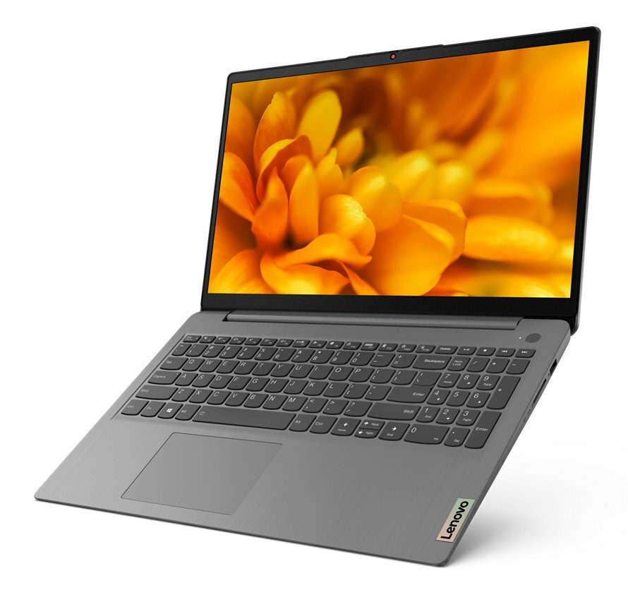Laptop Lenovo otwarty ze zdjęciem pomarańczowego kwiatu. Laptop jest szary, otwarty i na białej powierzchni.