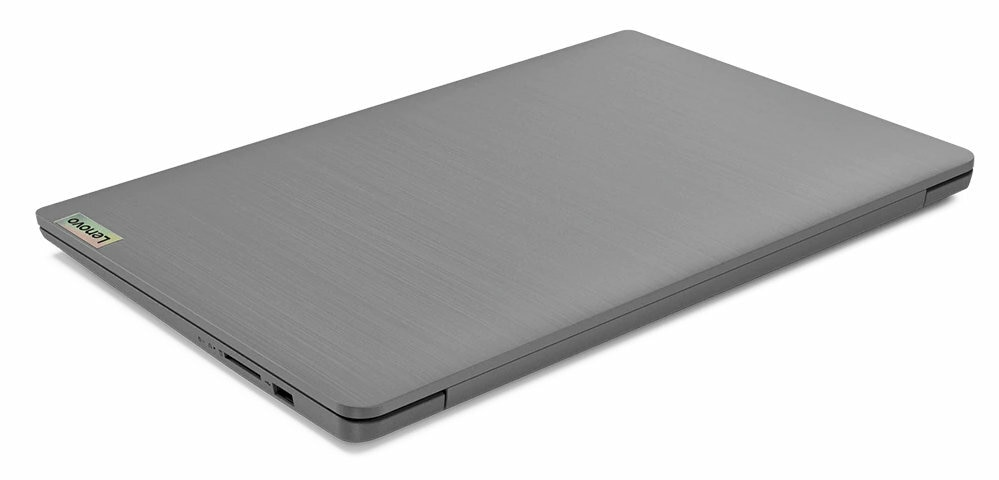 Zamknięty szary laptop z logo Lenovo w górnym rogu. Tło jest białe.