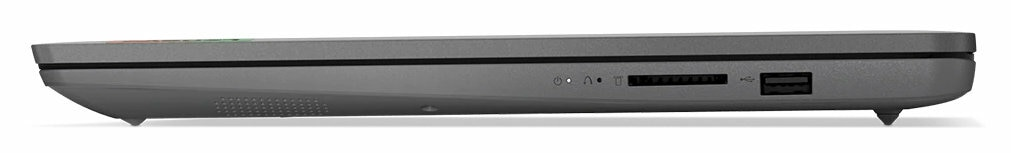 Widok z boku laptopa. Szary kolor, porty: USB, audio i gniazdo SD.