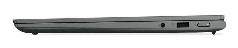 Widok z boku zamkniętego szarego laptopa z portami i przyciskiem zasilania, na białym tle.