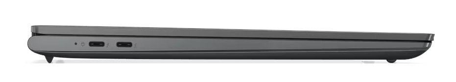 Widok z boku ciemnoszarego laptopa z portem zasilania i dwoma portami USB-C.