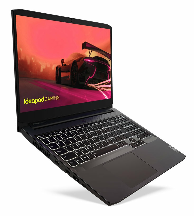 Czarny laptop do gier Lenovo Ideapad, otwarty, wyświetlający grę wyścigową.