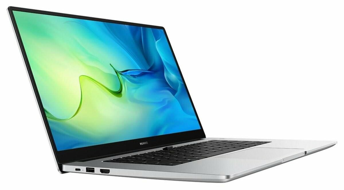 Srebrny laptop z czarną klawiaturą jest otwarty, wyświetlając kolorowy ekran.