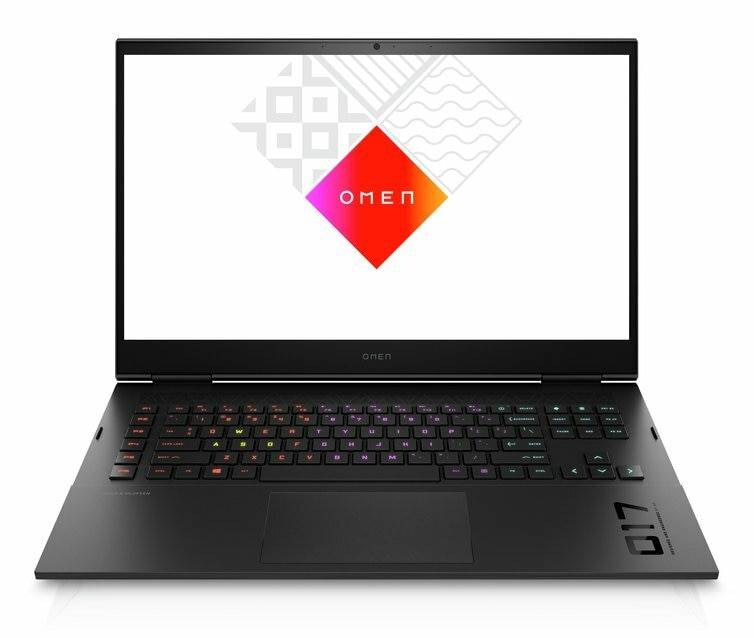 Czarny laptop do gier OMEN z kolorowym ekranem wyświetlającym logo, białe tło.