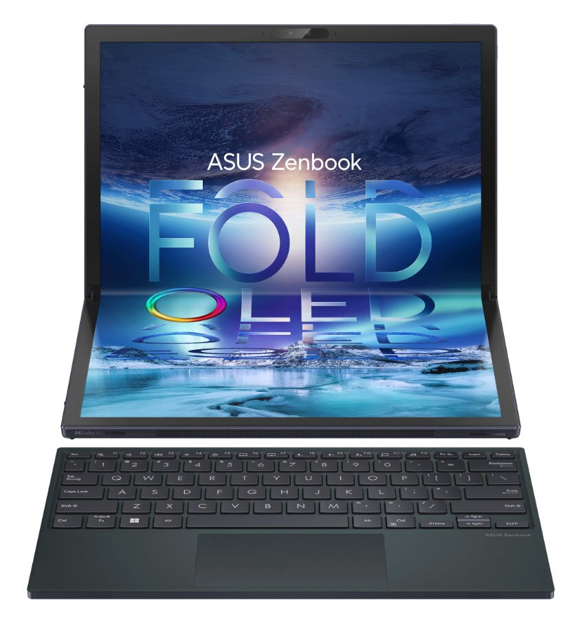 Laptop z elastycznym ekranem i oddzielną klawiaturą. Ekran wyświetla krajobraz.