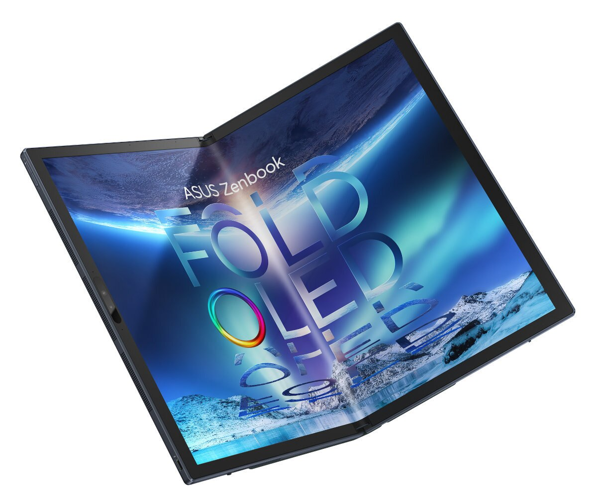 Otwarty laptop z składanym ekranem. Wyświetlacz pokazuje kolorowe abstrakcyjne obrazy.