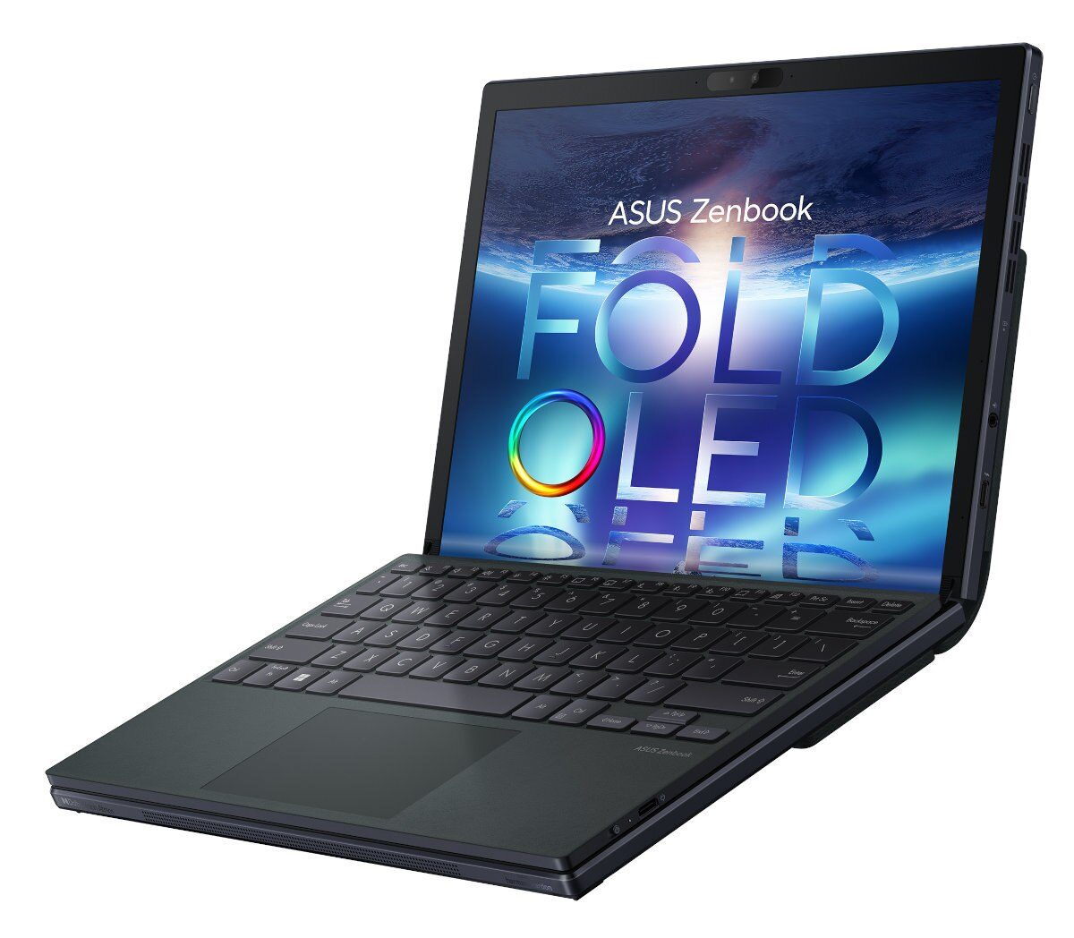 Składany laptop z ekranem wyświetlającym tekst. Urządzenie jest ciemnoszare na białym tle.