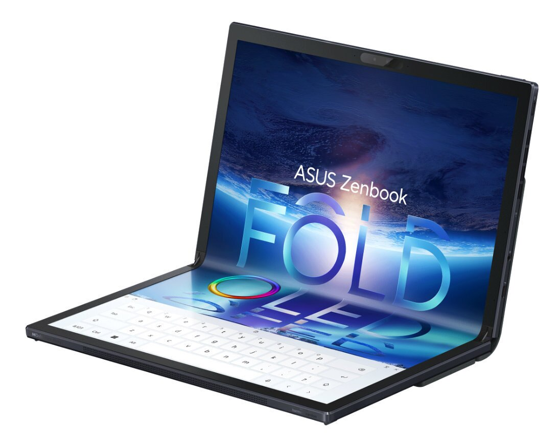 Składany laptop, otwarty, niebieski ekran, białe tło.