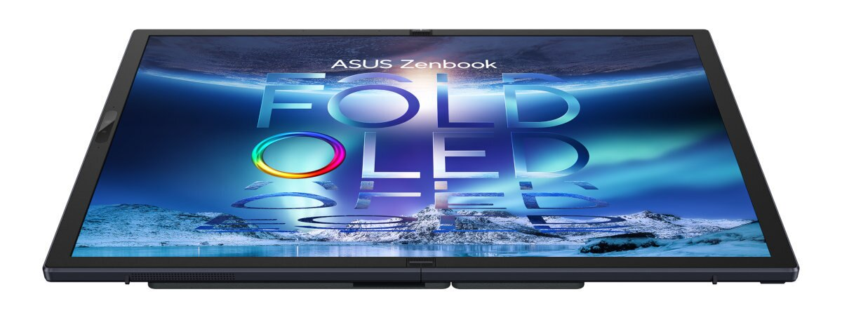 Składany ASUS Zenbook OLED, otwarty. Pokazuje żywy wyświetlacz. Białe tło.