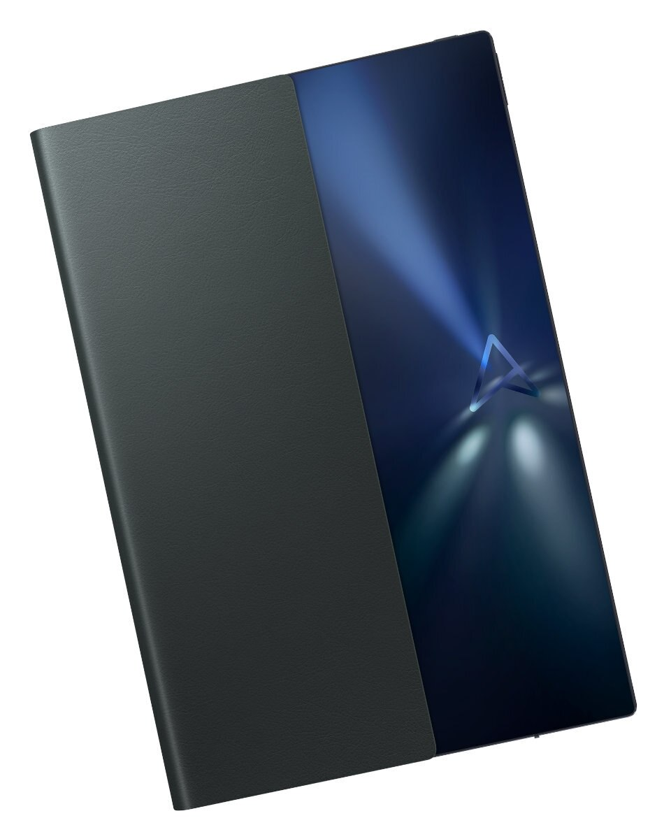 Laptop z czarną obudową i niebieskim ekranem z logo, ciemne tło.