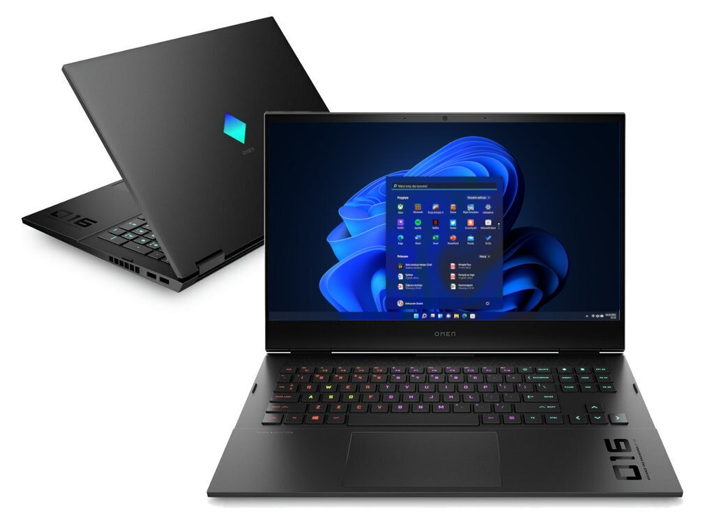 Czarny laptop OMEN 16, pokazujący ekran z systemem Windows 11. Laptop na białym tle.