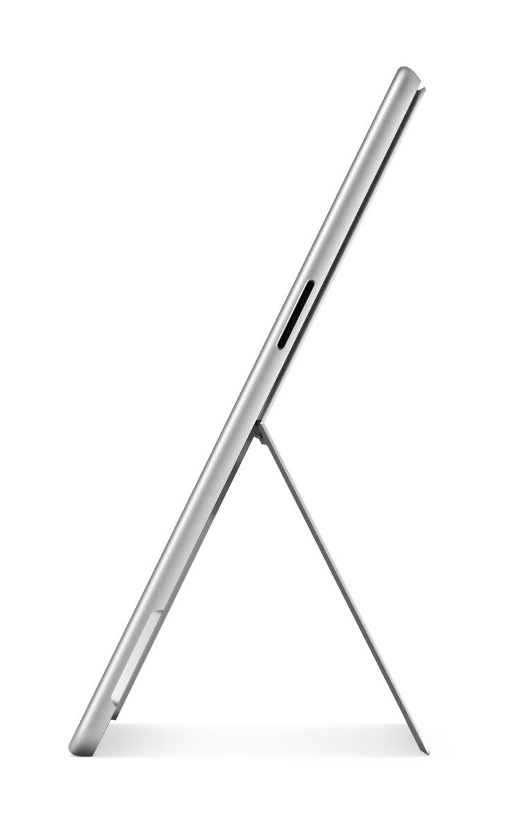 Widok z boku srebrnego laptopa z podpórką. Białe tło.