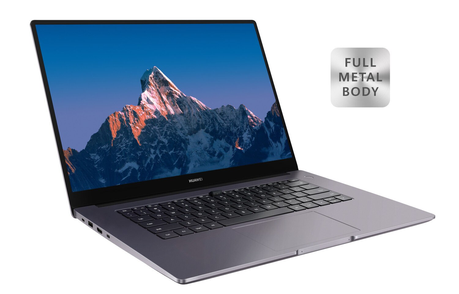 Laptop z ekranem pokazującym górski krajobraz. Widnieje odznaka 'FULL METAL BODY'.