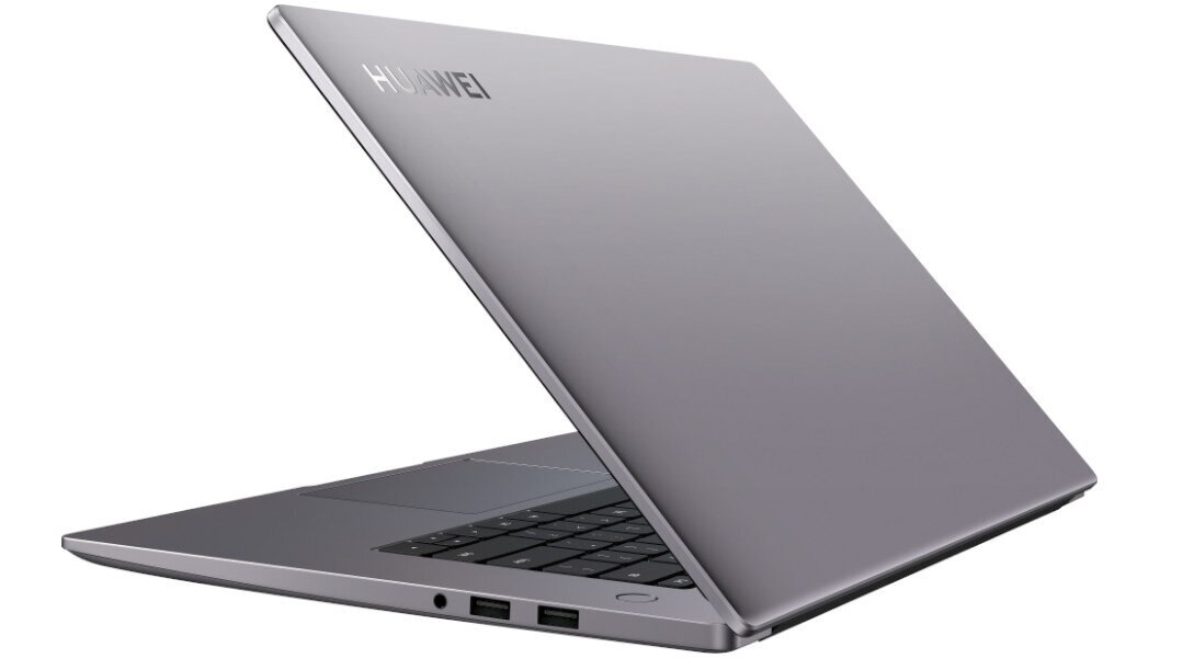 Szary laptop Huawei, otwarty, widok z boku. Klawiatura widoczna.